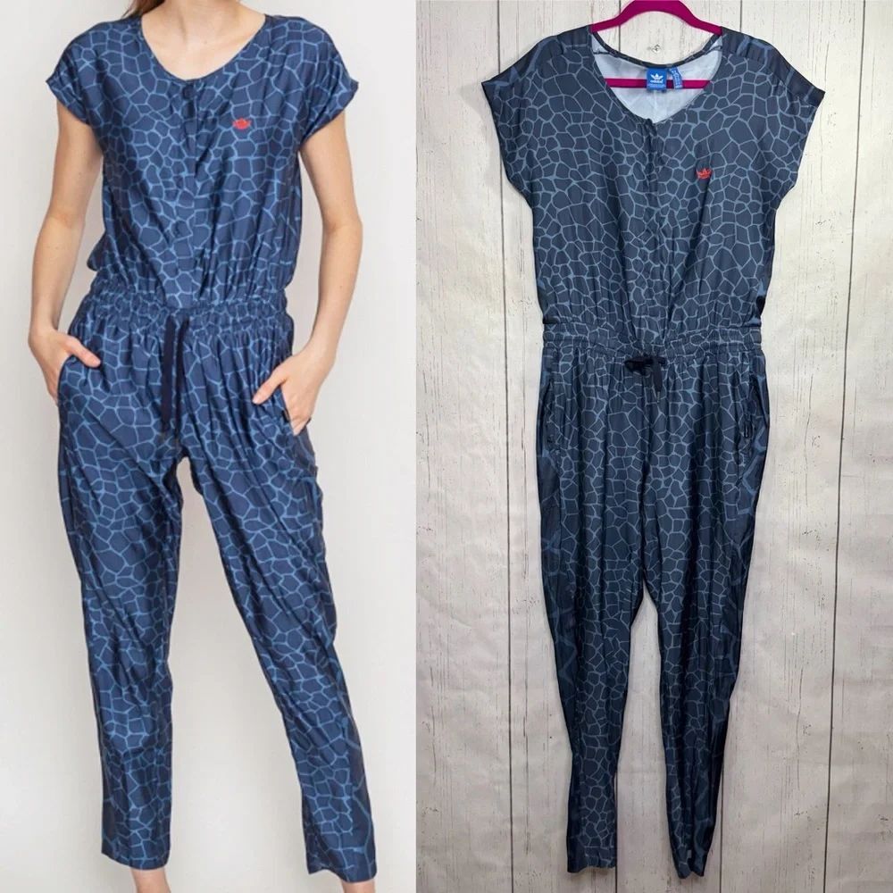 Adidas Originals Printed Jumpsuit Womens M Blue Drawstring Streetwear Travel